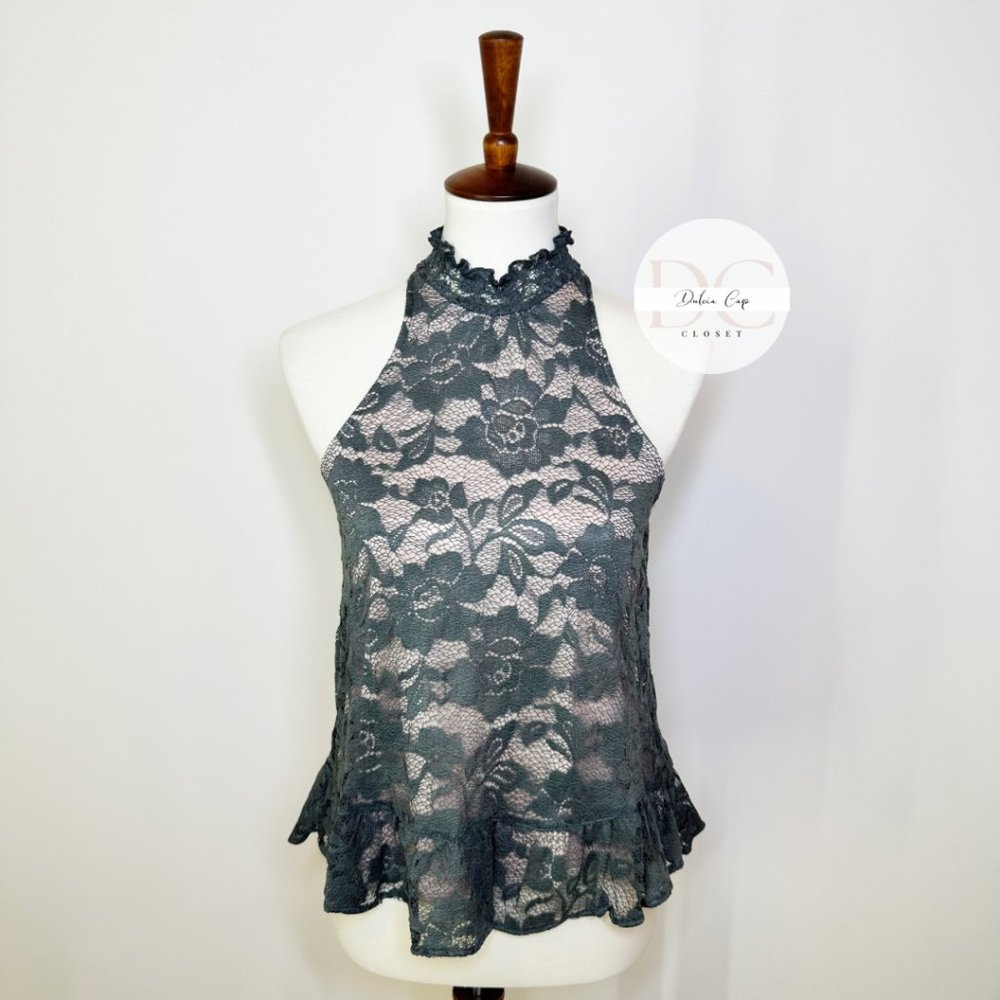 EXPRESS Olive Green Rose Lace High-neck Peplum Bottom Blouse Size XS